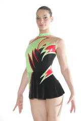 Rhythmic gymnastics leotard with black velvet as a base , hologram green and red